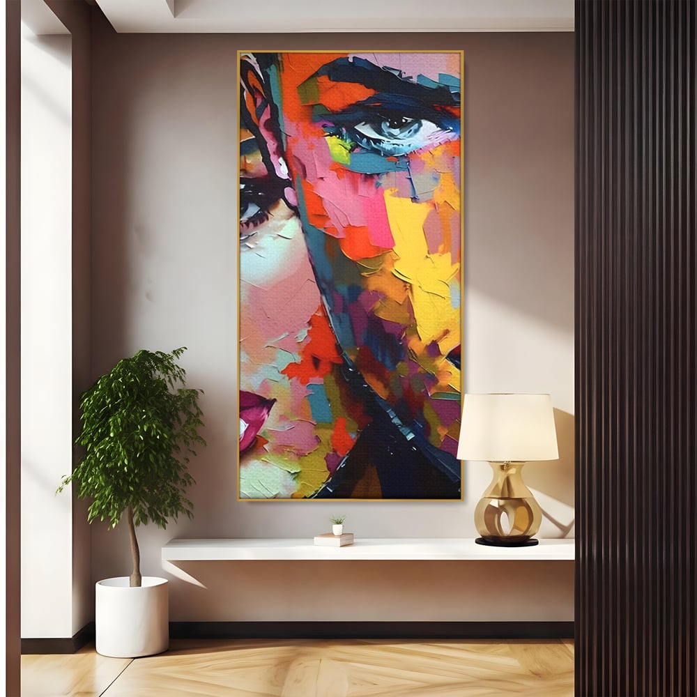 Tablou canvas cu tablou canvas cu chipuri in culori vibrante, in rama de aluminiu auriu